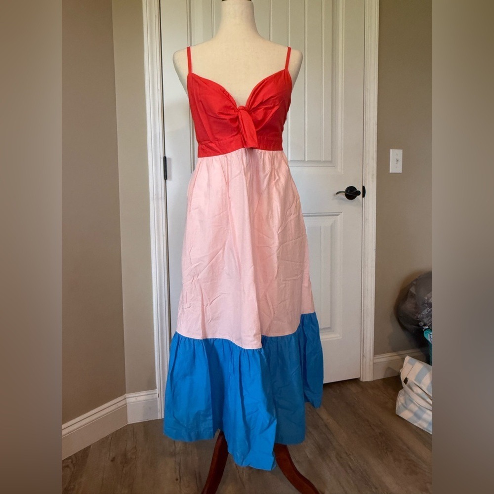 J. Crew Colorblock Tie Frontβ Maxi Dress Coral Pink Blue Spaghetti Strap Size 2
